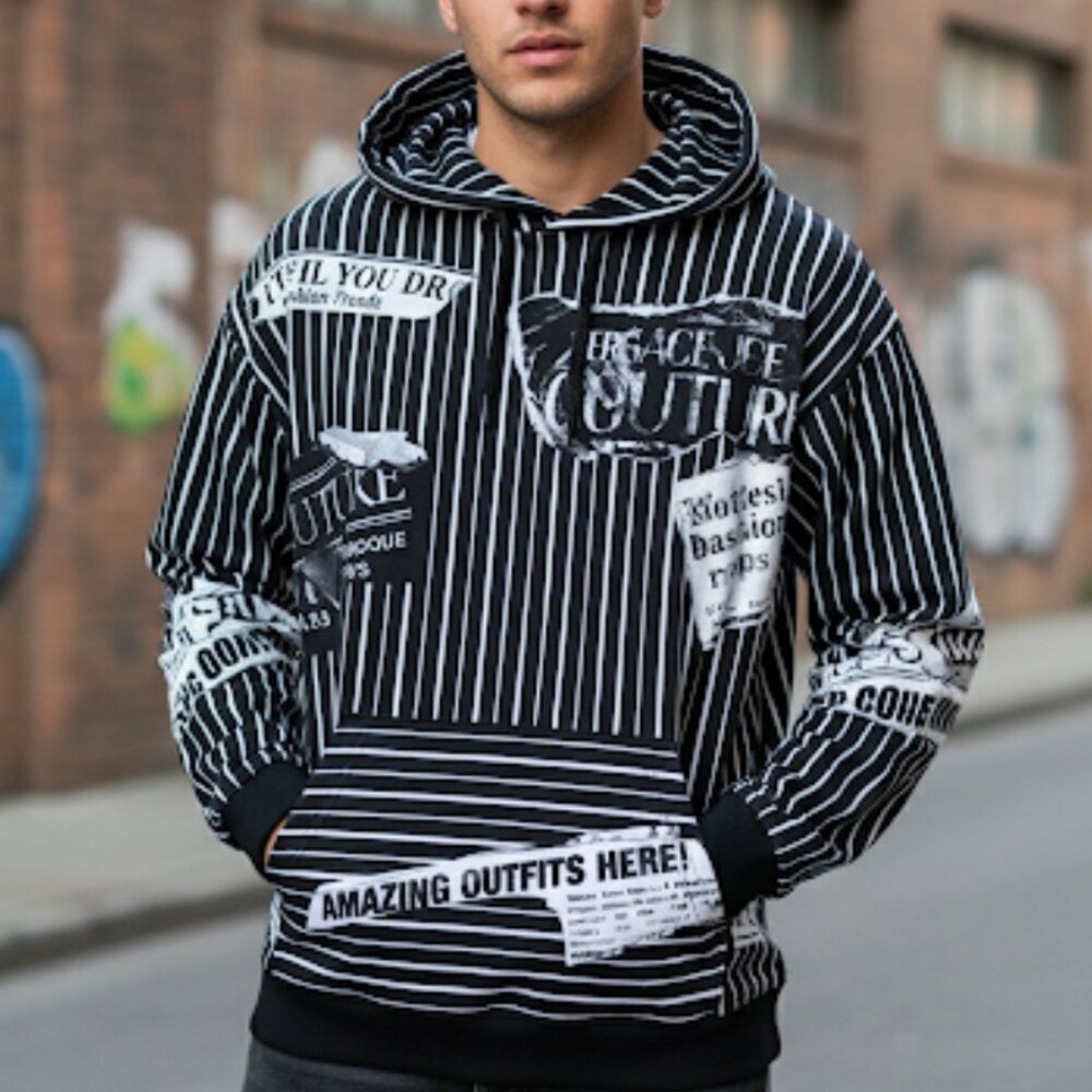 Versace Jeans Couture Loose Fit Stripes Magazine Cotton Sweatshirt Hoodie, SMALL